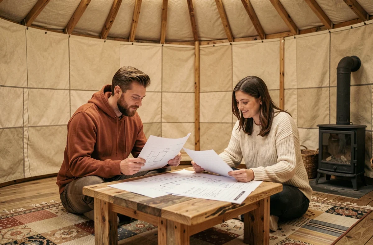 Couple étudiant les plans et le budget pour l'achat et l'auto-construction d'une yourte à l'intérieur d'une yourte terminée