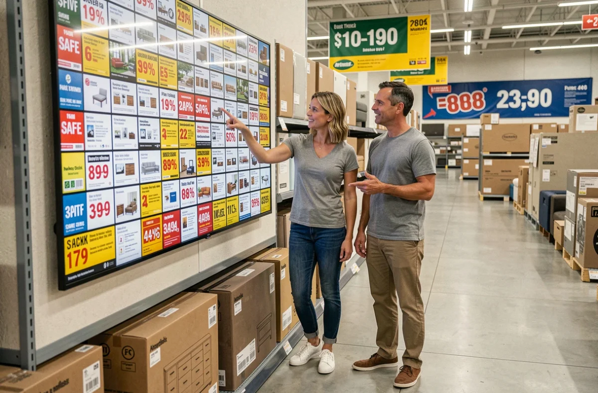 Couple repérant les promotions et étiquettes de bons plans dans un magasin BUT pendant leur shopping de meubles