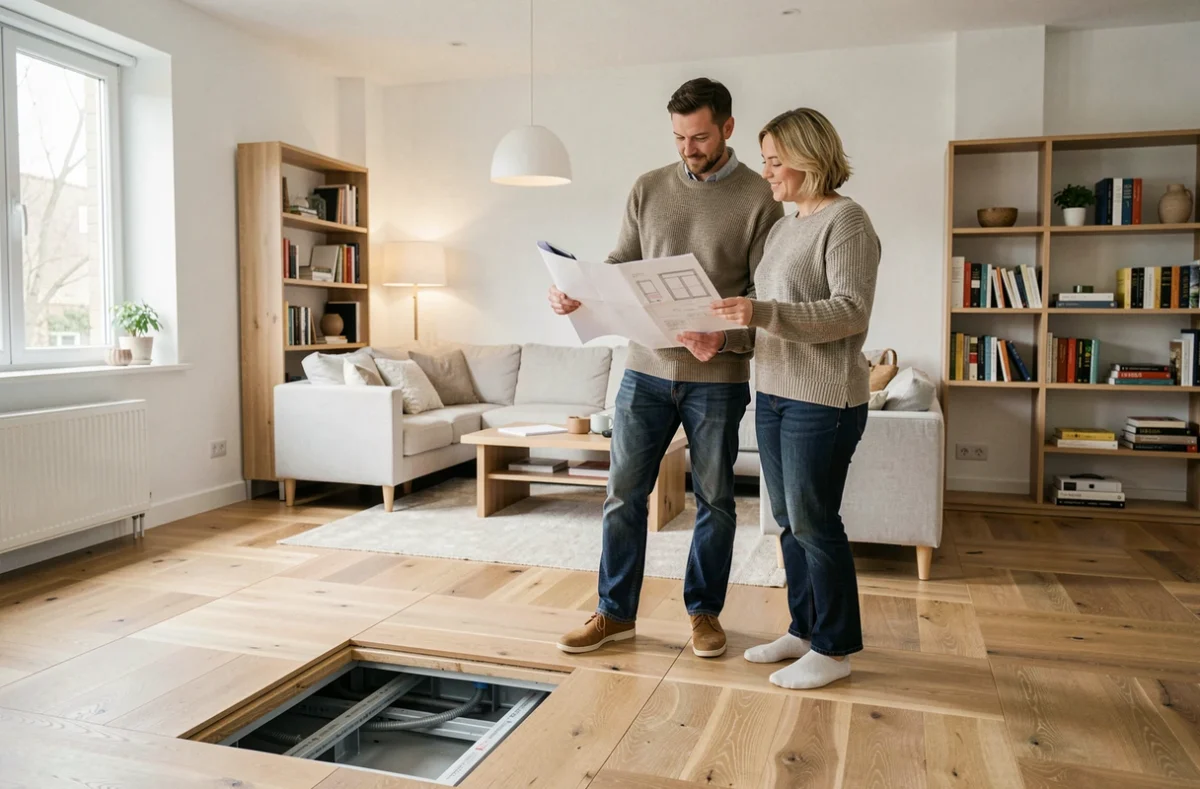 Couple étudiant les plans de rénovation thermique avec plancher chauffant avant installation d'une pompe à chaleur air-eau