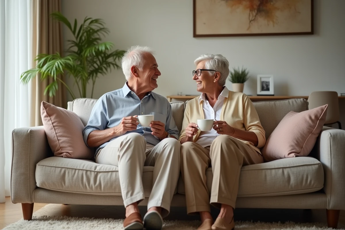 Couple senior souriant sur canapé dans appartement lumineux