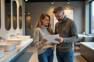 Couple compare des sanitaires modernes dans un showroom élégant