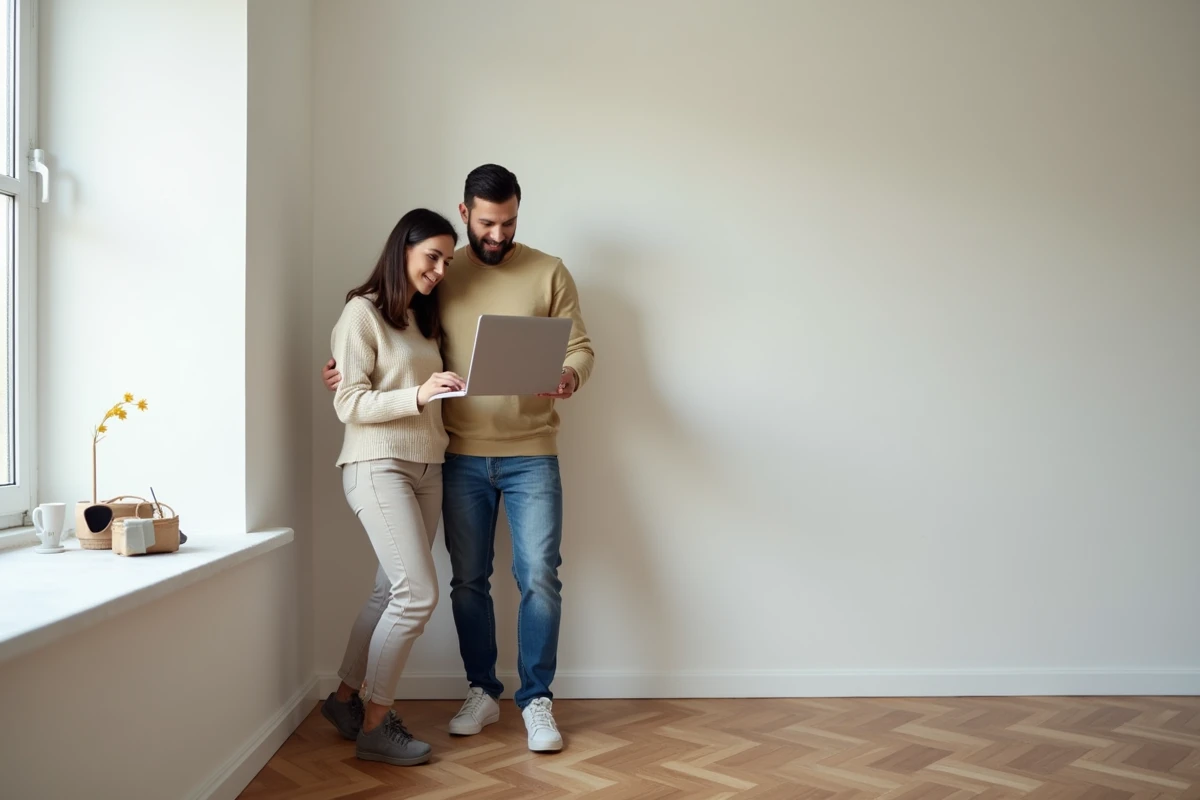Couple consultant un simulateur de décoration en ligne dans une pièce vide avant d'aller en magasin