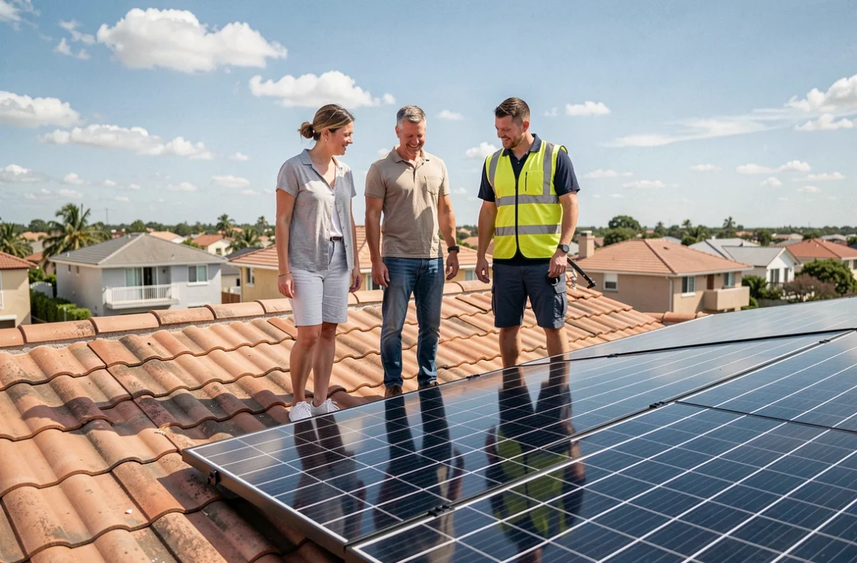 Couple et technicien inspectant des panneaux solaires installés sur le toit d'une maison financés par un prêt