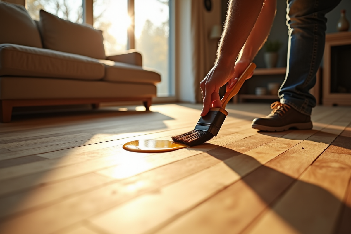 Artisan appliquant de l'huile sur un parquet neuf dans un salon lumineux