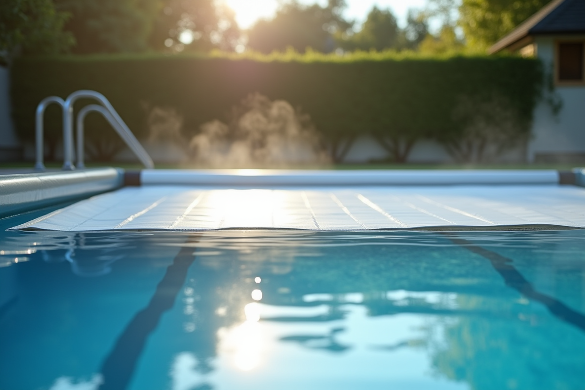 Gros plan sur le couvercle solaire de la piscine en matinée