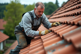 Couvreur posant des tuiles en terre cuite sur un toit rural