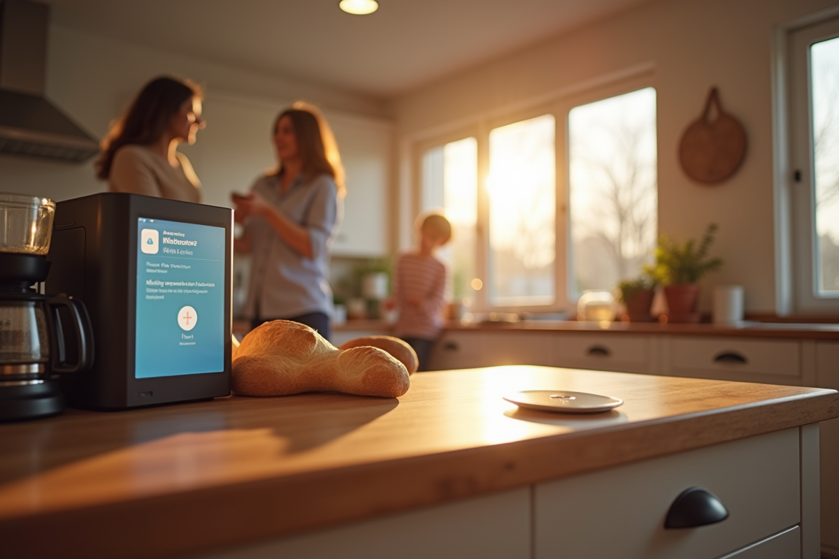 Cuisine chaleureuse avec box smart et famille au matin