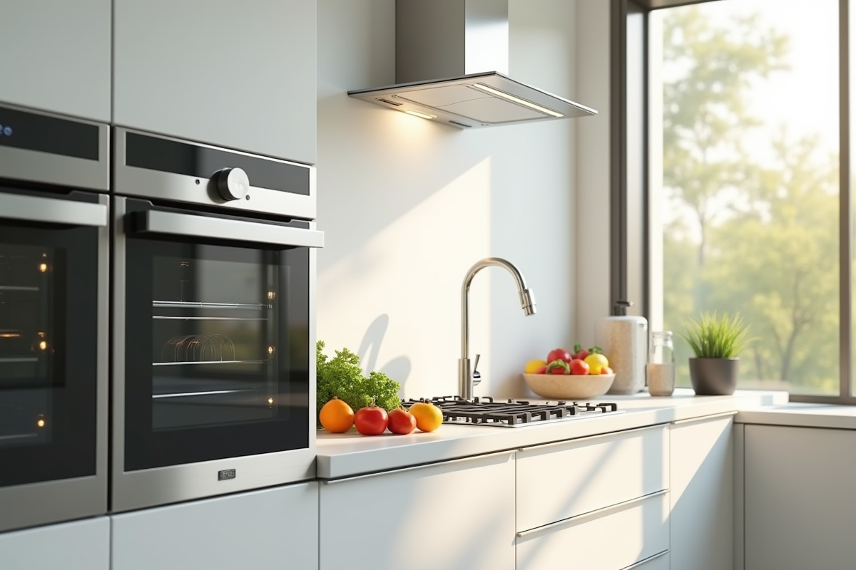 Cuisine moderne avec four en acier inoxydable et évier minimaliste