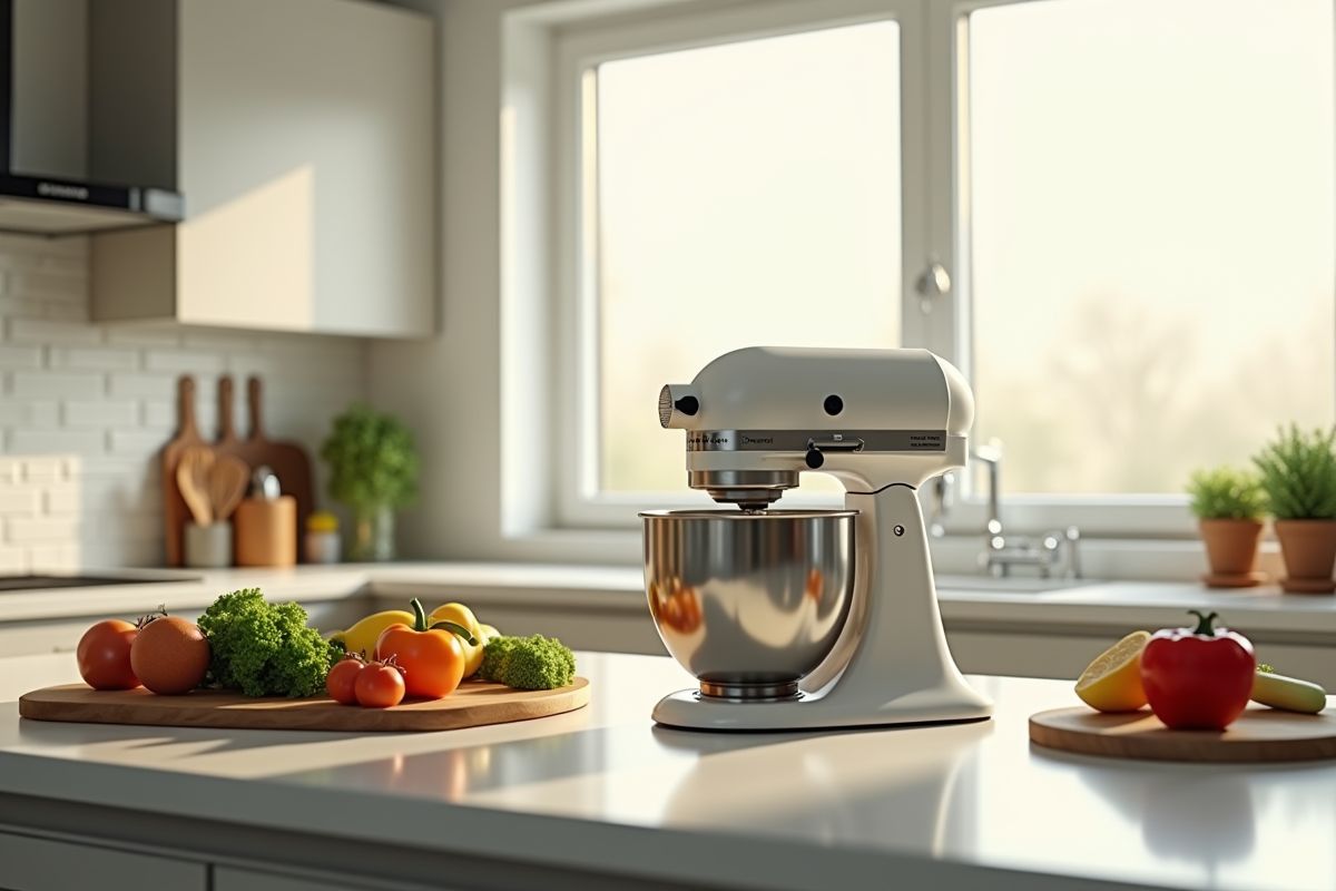 Cuisine moderne avec mixeur sur plan de travail lumineux