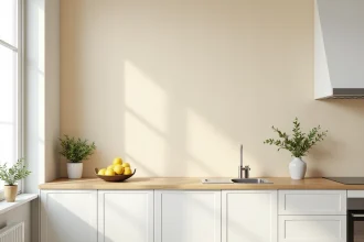 Cuisine moderne avec papier peint motif beige lavable et cabinets blancs style Shaker