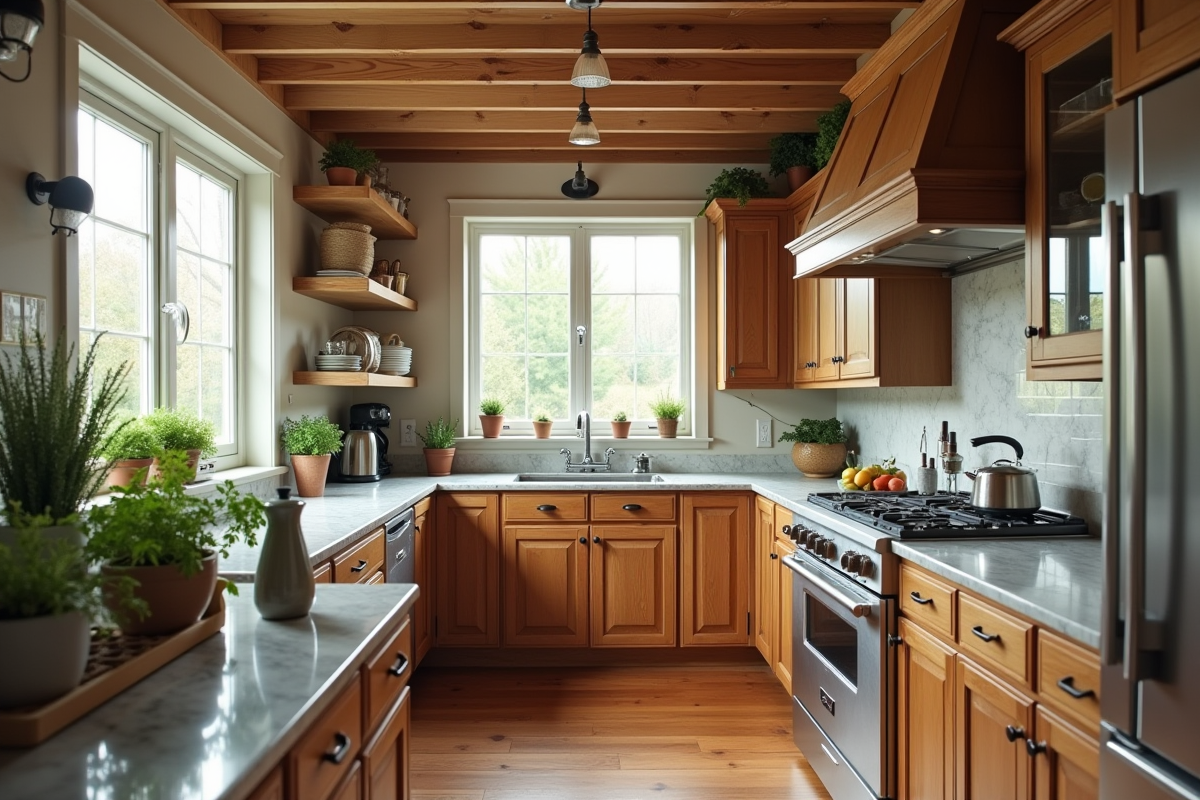 Cuisine rénovée avec meubles en bois et appareils modernes
