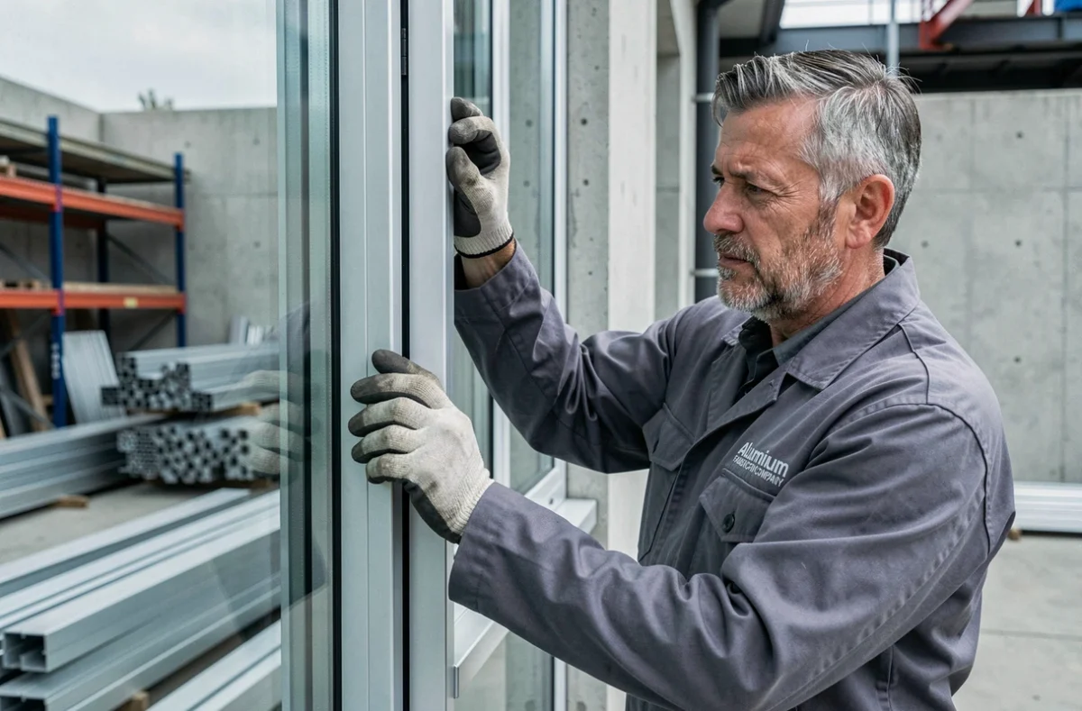 Artisan spécialiste de la pose de fenêtres en aluminium installant un cadre dans une maison moderne