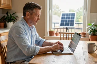 Homme remplissant un formulaire de déclaration en ligne pour un panneau solaire plug and play sur son ordinateur portable dans sa cuisine