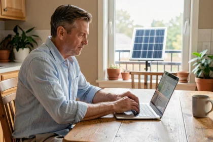 Homme remplissant un formulaire de déclaration en ligne pour un panneau solaire plug and play sur son ordinateur portable dans sa cuisine