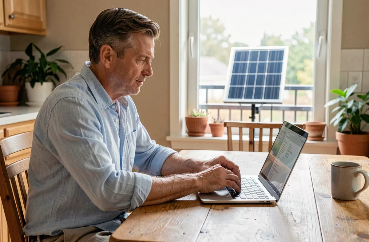 Homme remplissant un formulaire de déclaration en ligne pour un panneau solaire plug and play sur son ordinateur portable dans sa cuisine