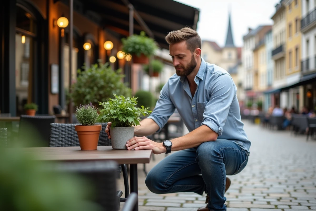 D&eacute;corateur en ext&eacute;rieur arrangeant une plante sur une terrasse &agrave; Lille