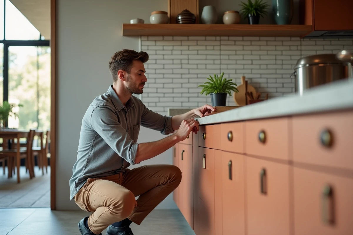 Homme arrangeant des objets décoratifs sur une étagère flottante dans une cuisine ouverte au style contemporain
