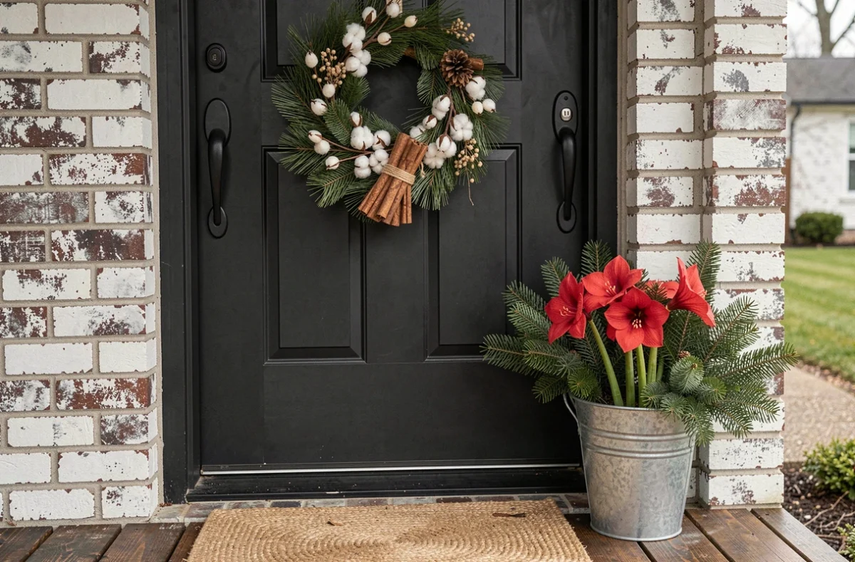 Entrée de maison décorée pour Noël avec couronne de sapin artisanale sur porte noire et composition florale en amaryllis rouge
