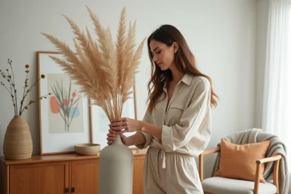 Femme arrangeant des herbes de pampa dans un vase en céramique dans un salon de style scandinave aux tons neutres