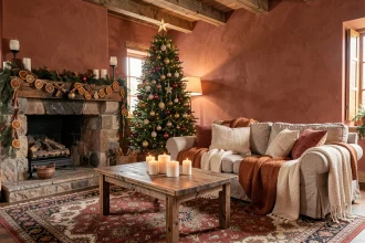 Salon décoré pour Noël avec sapin, guirlandes naturelles et cheminée en pierre, palette de couleurs bordeaux et or