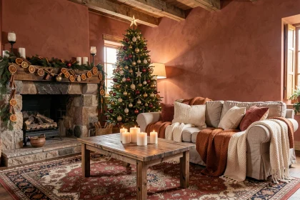 Salon décoré pour Noël avec sapin, guirlandes naturelles et cheminée en pierre, palette de couleurs bordeaux et or