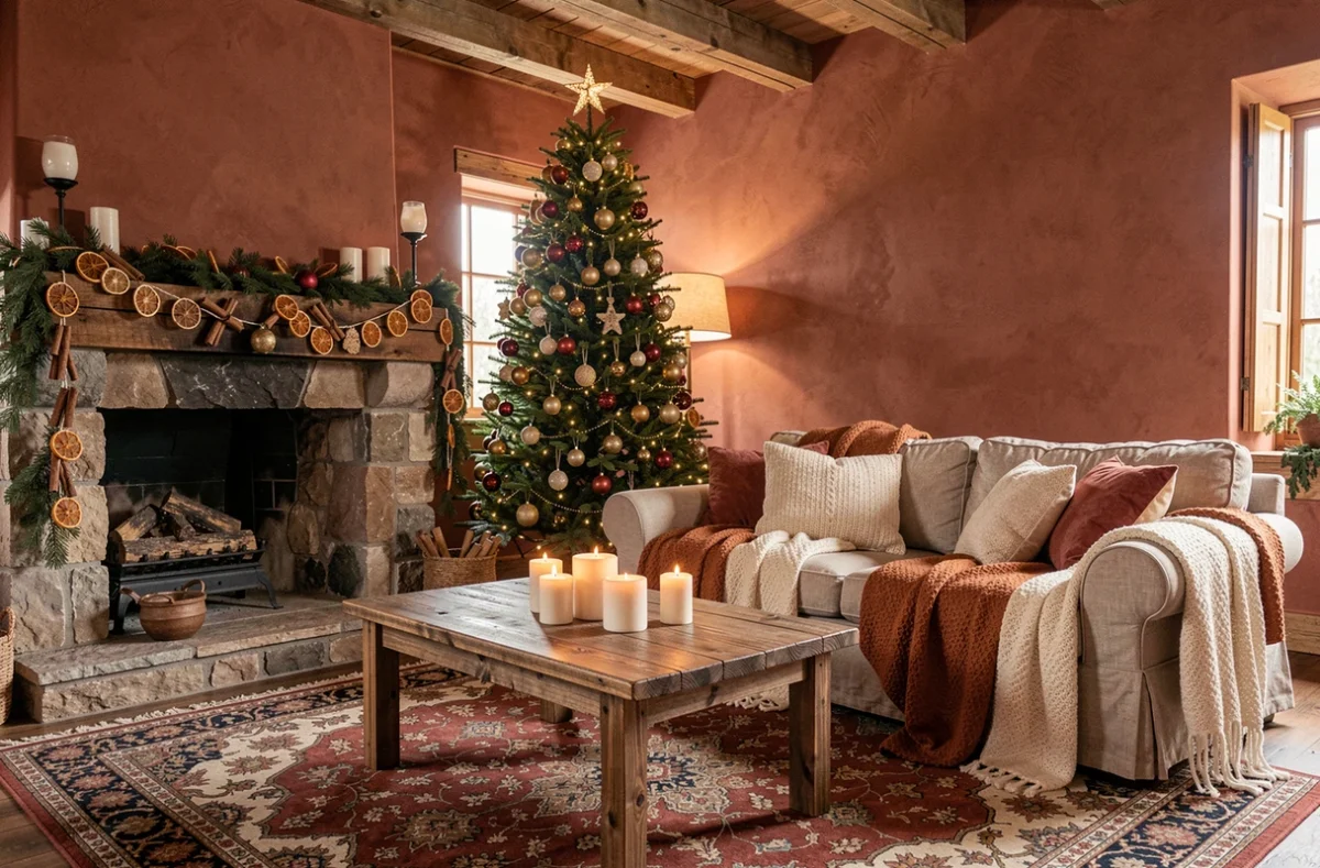 Salon décoré pour Noël avec sapin, guirlandes naturelles et cheminée en pierre, palette de couleurs bordeaux et or