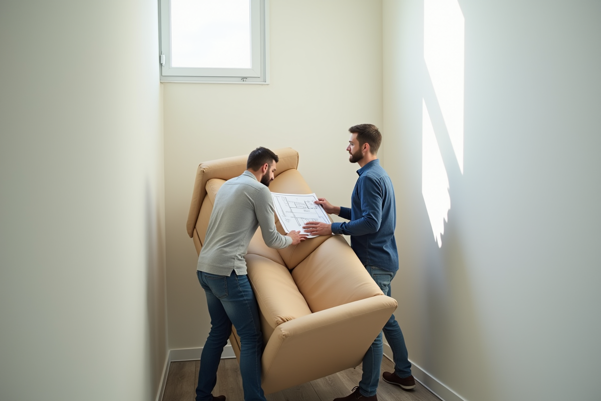 Deux personnes inclinant un canapé dans un escalier étroit avec un plan de dimension