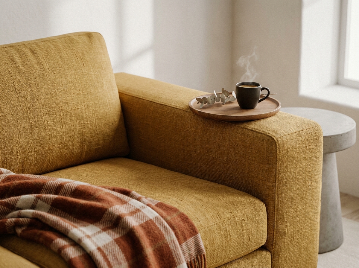 Détail tissu canapé lin moutarde avec plaid en laine et tasse de café pour ambiance cocooning