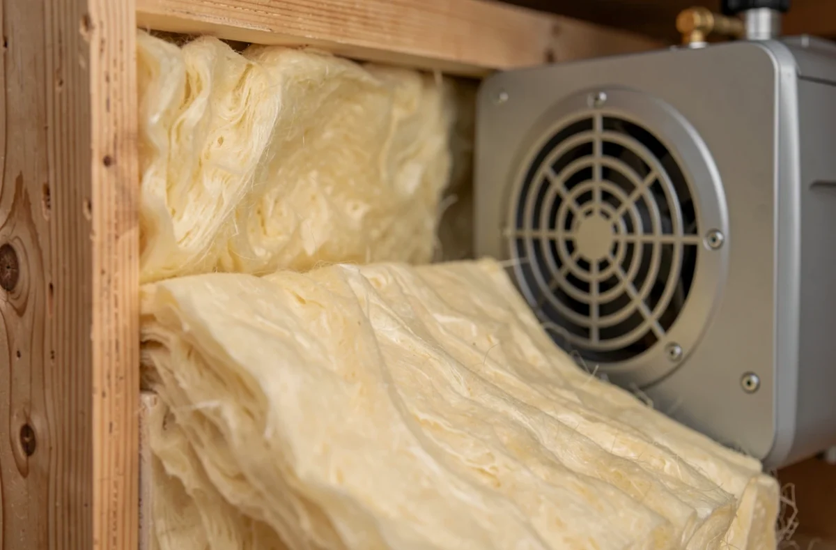 Détail intérieur d'un caisson acoustique avec laine minérale pour insonoriser une pompe à chaleur