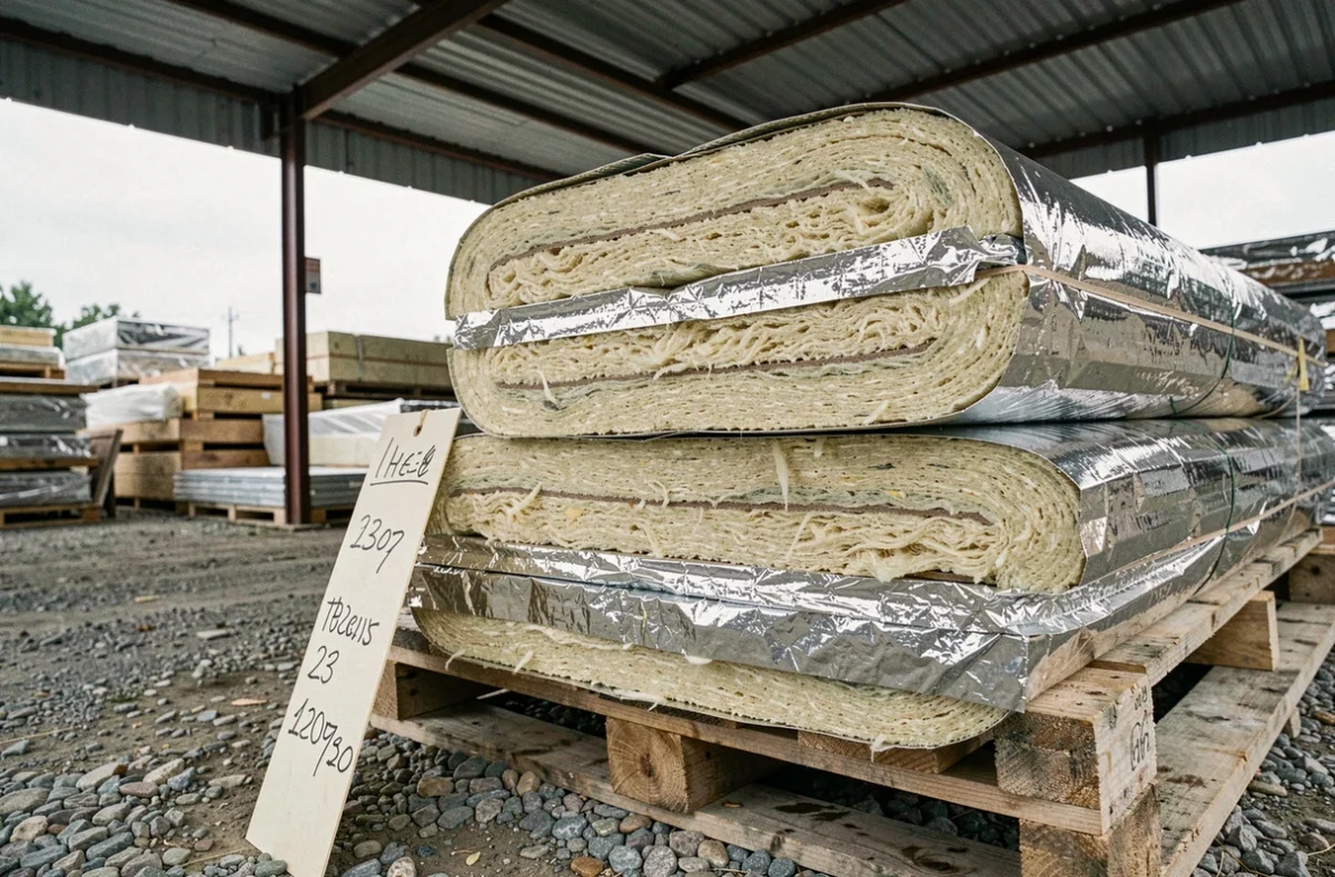 Gros plan sur des rouleaux d'isolant thermique empilés avec étiquettes de prix sur un chantier