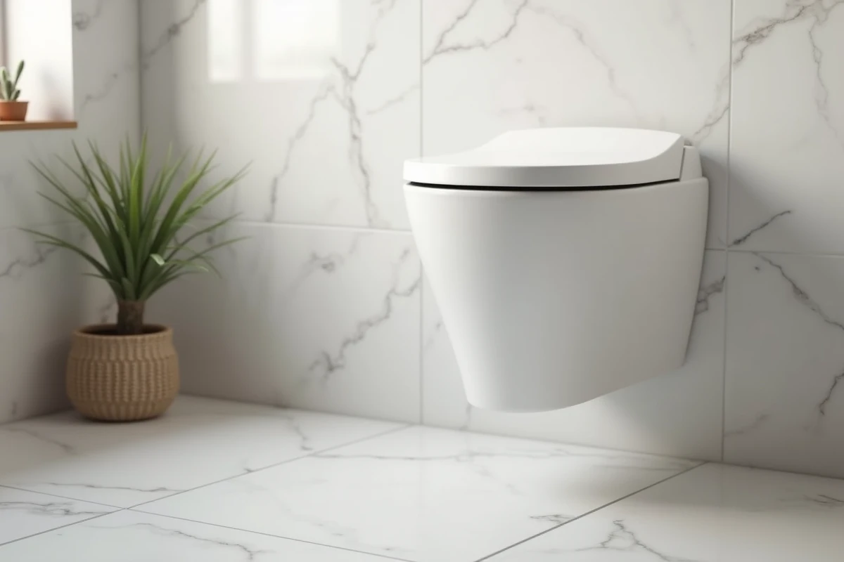 Détail d'un toilette suspendu au-dessus d'un carrelage marbre blanc avec effet flottant et plante verte décorative