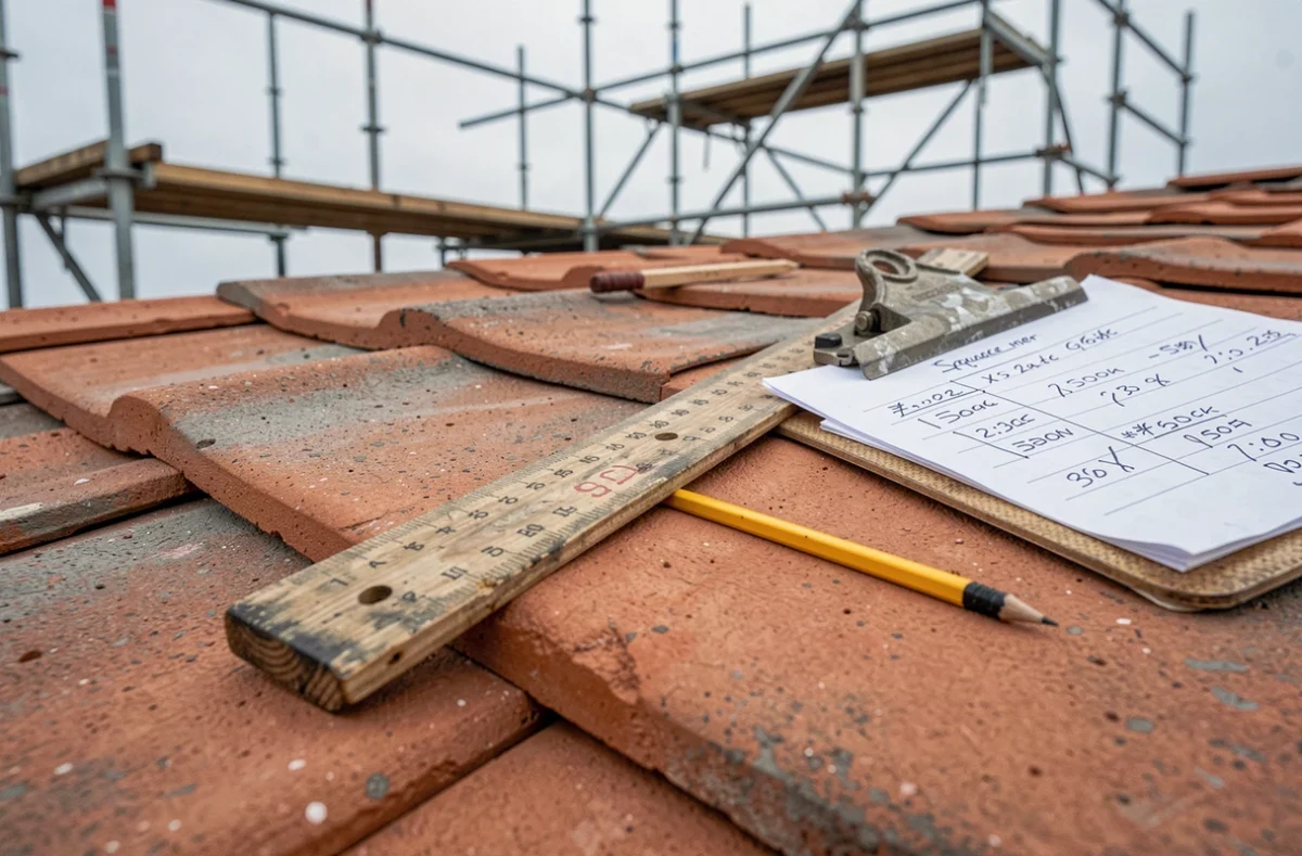 Détail de tuiles en argile posées sur un toit avec une fiche de mesure indiquant le prix au m2 pour une rénovation de toiture