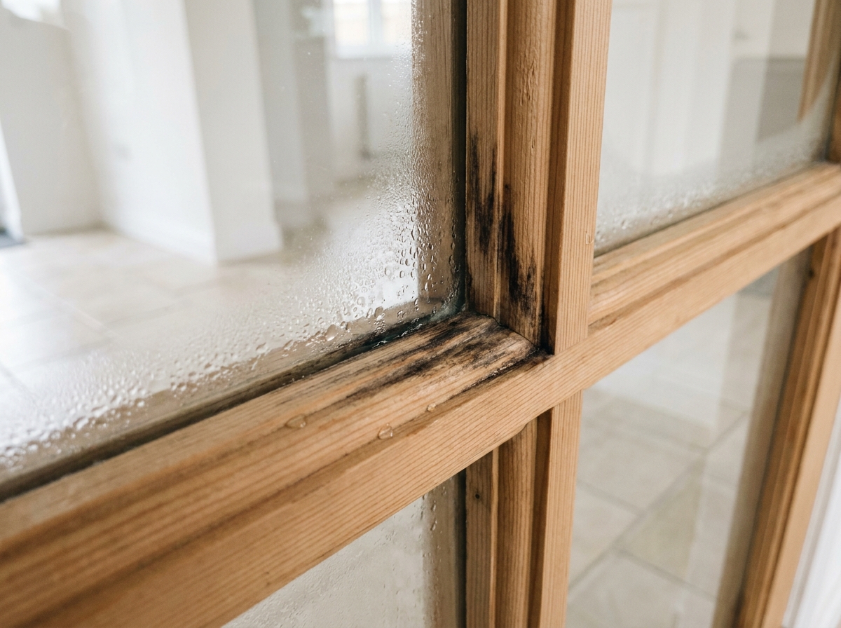 Détail d'une verrière intérieure en bois présentant de la condensation et un gonflement du bois dû à l'humidité