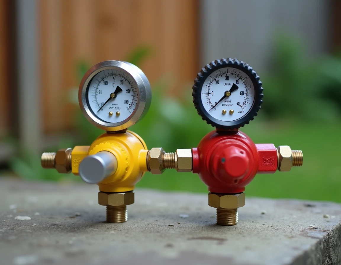 Gros plan sur un détendeur butane jaune et un détendeur propane rouge côte à côte en extérieur