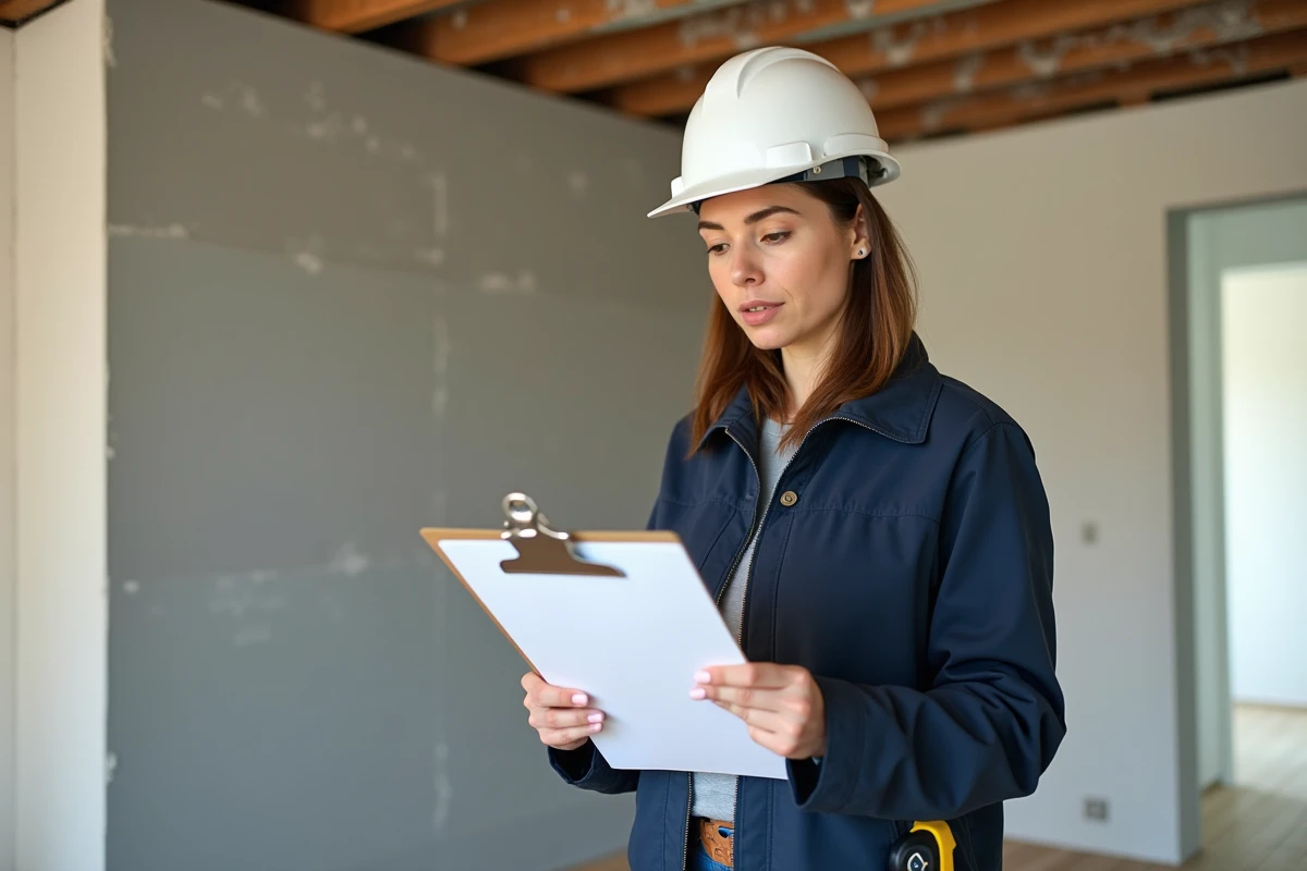 Professionnelle du bâtiment consultant un devis de pose de faux plafond dans un appartement en cours de rénovation