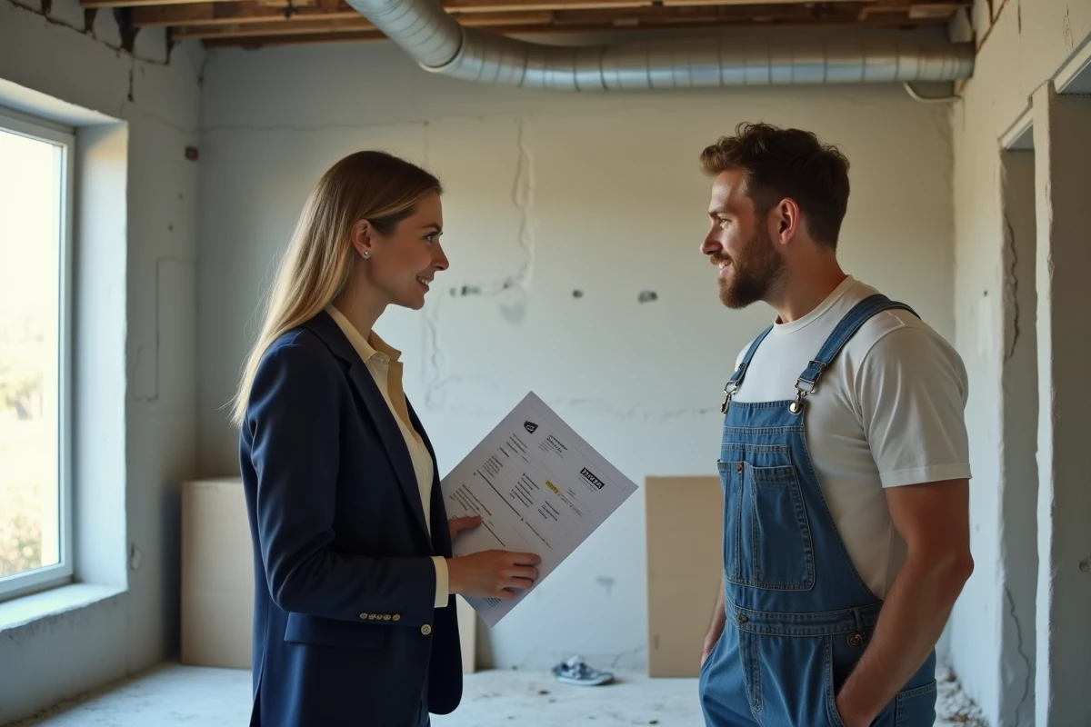 Propriétaire et entrepreneur examinant un devis de rénovation dans un appartement en cours de travaux