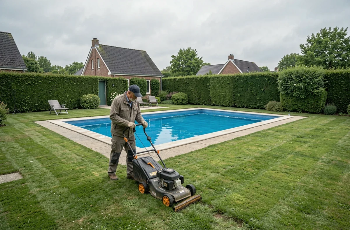 Jardinier de DL Jardinage entretenant le jardin autour d'une piscine en Vendée