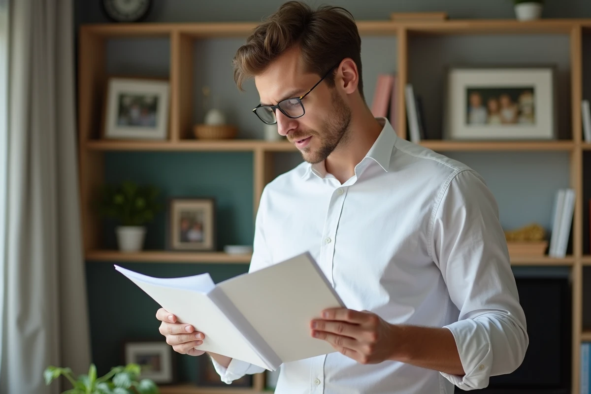 Jeune homme tenant des documents administratifs dans le bureau familial