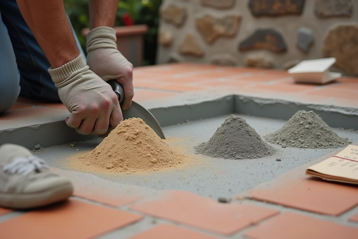 Gros plan sur les matériaux dosés à la pelle pour préparer un béton de chape, avec sable, ciment et gravier