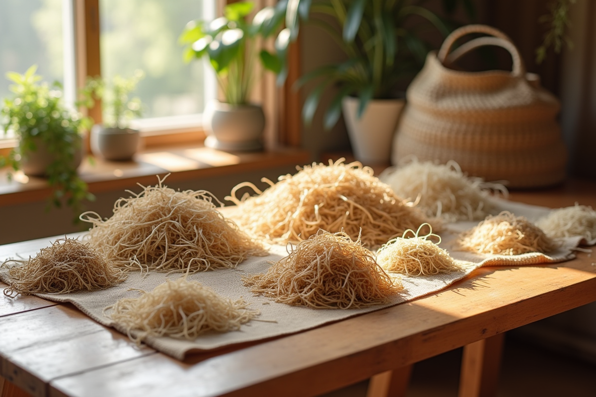 Echantillons de fibres naturelles sur une table en bois