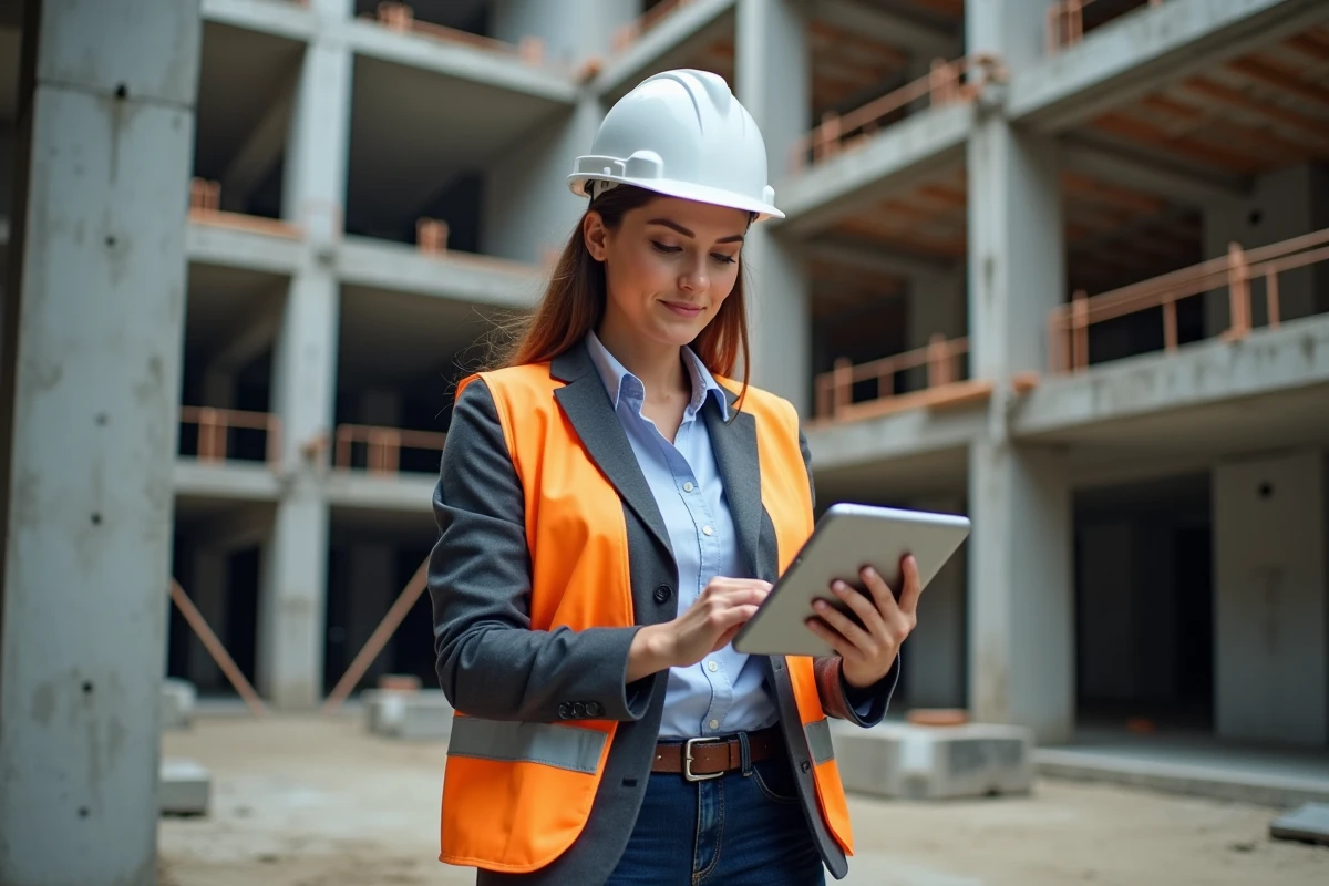 Économiste de la construction sur chantier analysant l'impact financier des nouvelles normes de sécurité bâtiment