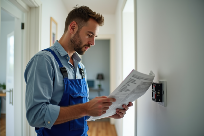 Électricien en bleu installant un disjoncteur mural dans un couloir moderne