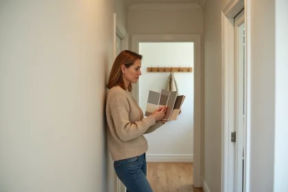 Femme en pull beige tenant des &eacute;chantillons de peinture