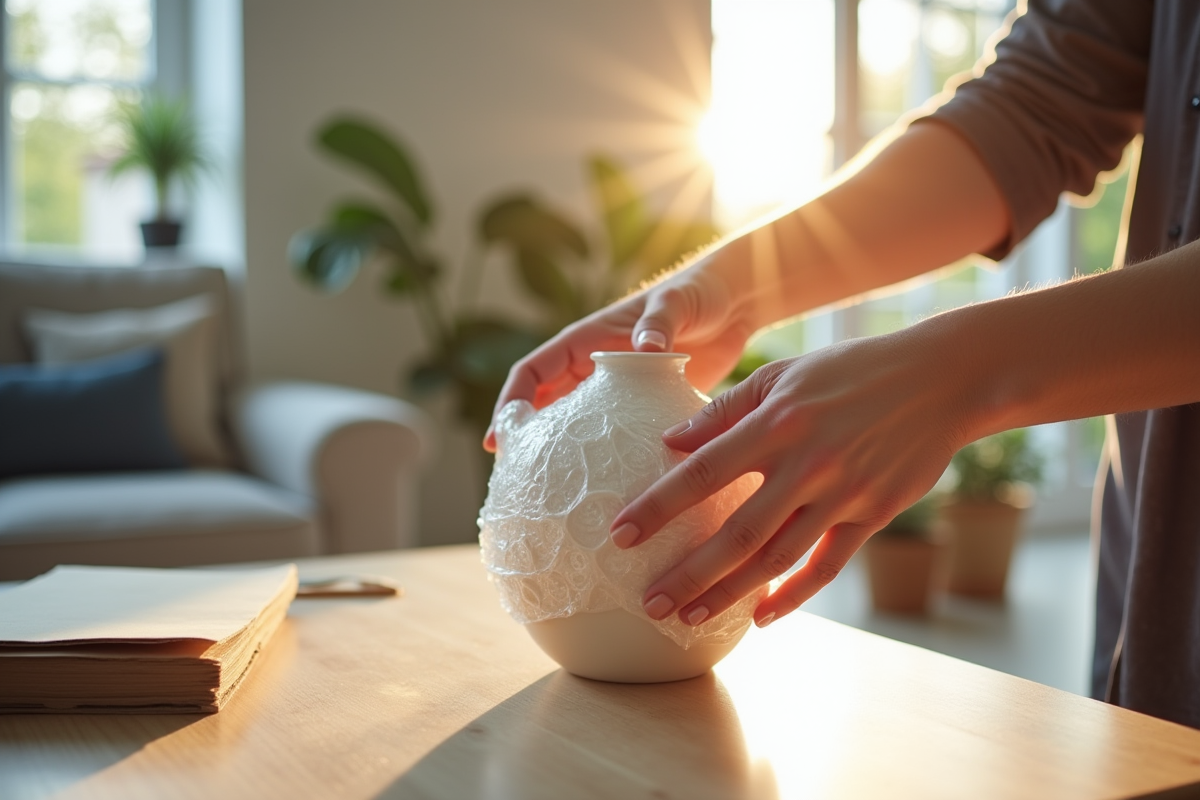 Mains enveloppant un vase en céramique dans du papier bulle dans un salon lumineux
