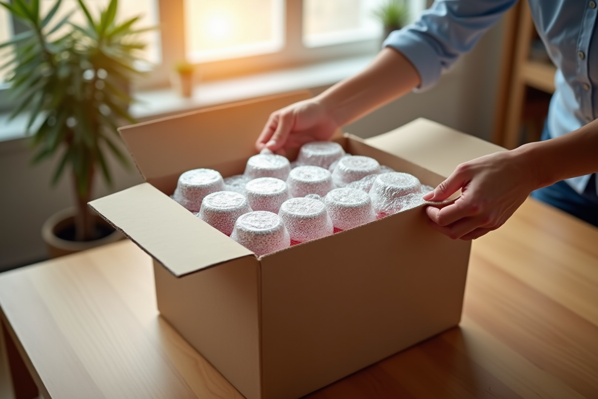 Main enveloppant des verres avec du papier bulle pour déménagement