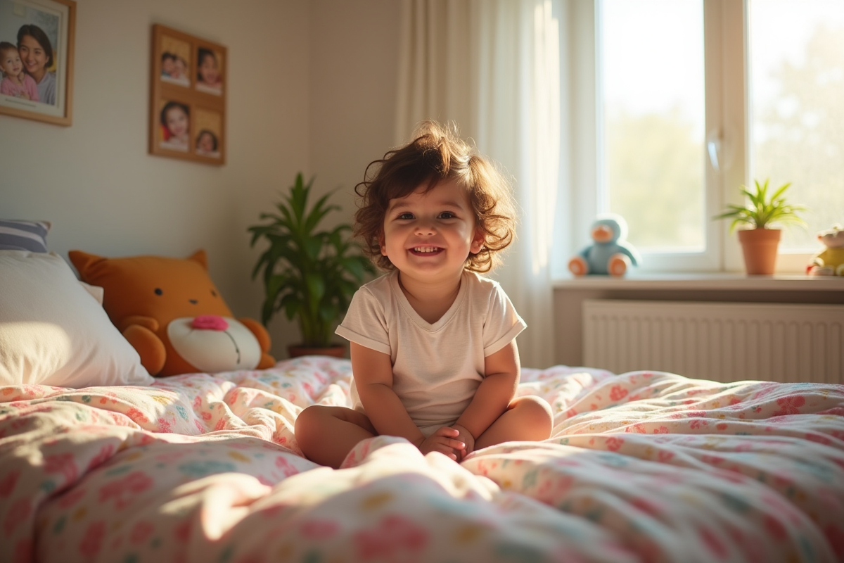 Enfant souriant dans une chambre moderne et colorée