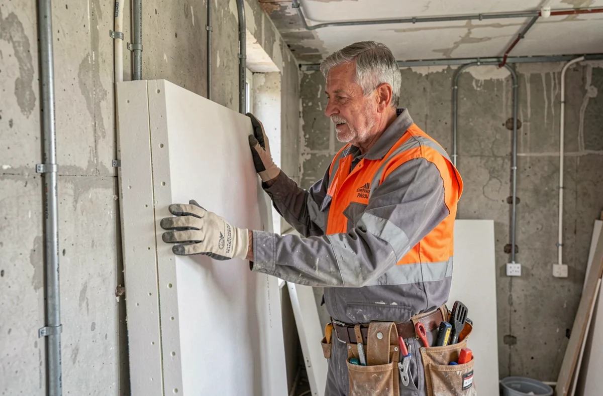 Professionnel de l'Entreprise Piriou posant des panneaux isolants rigides sur un mur intérieur en rénovation dans le Finistère