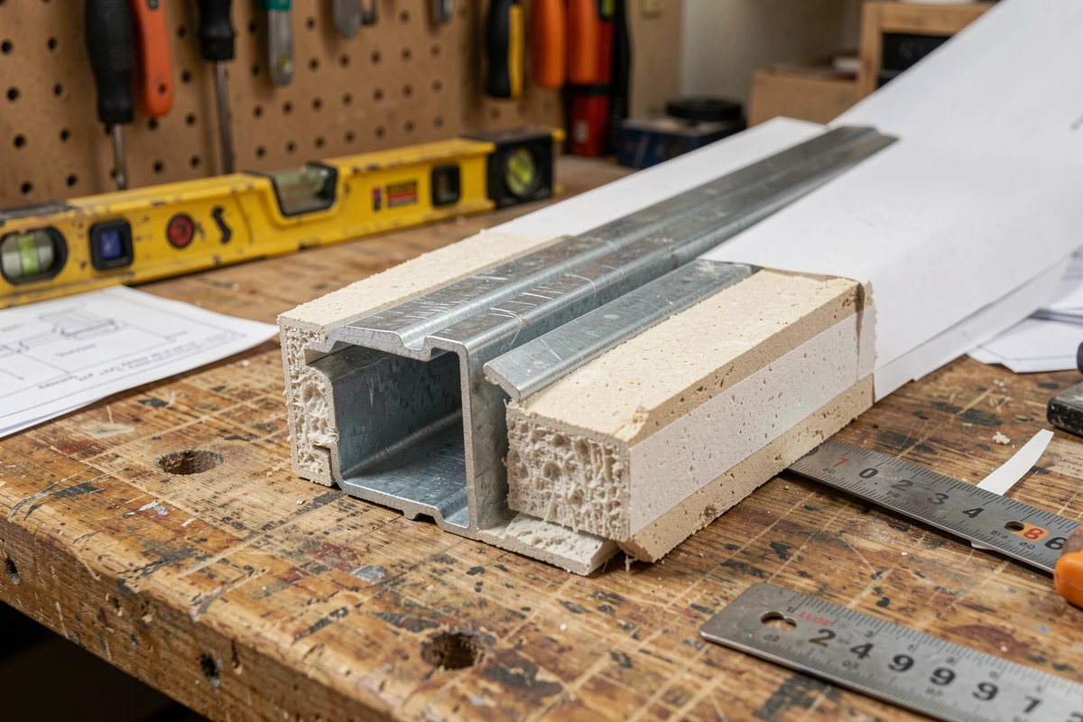 Coupe transversale d'une cloison demi-stil montrant différentes épaisseurs de plaques de plâtre et l'ossature métallique