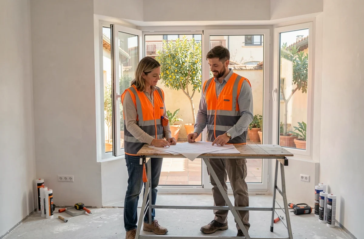 Équipe de poseurs de fenêtres professionnels consultant des plans d'installation dans un appartement rénové à Toulouse