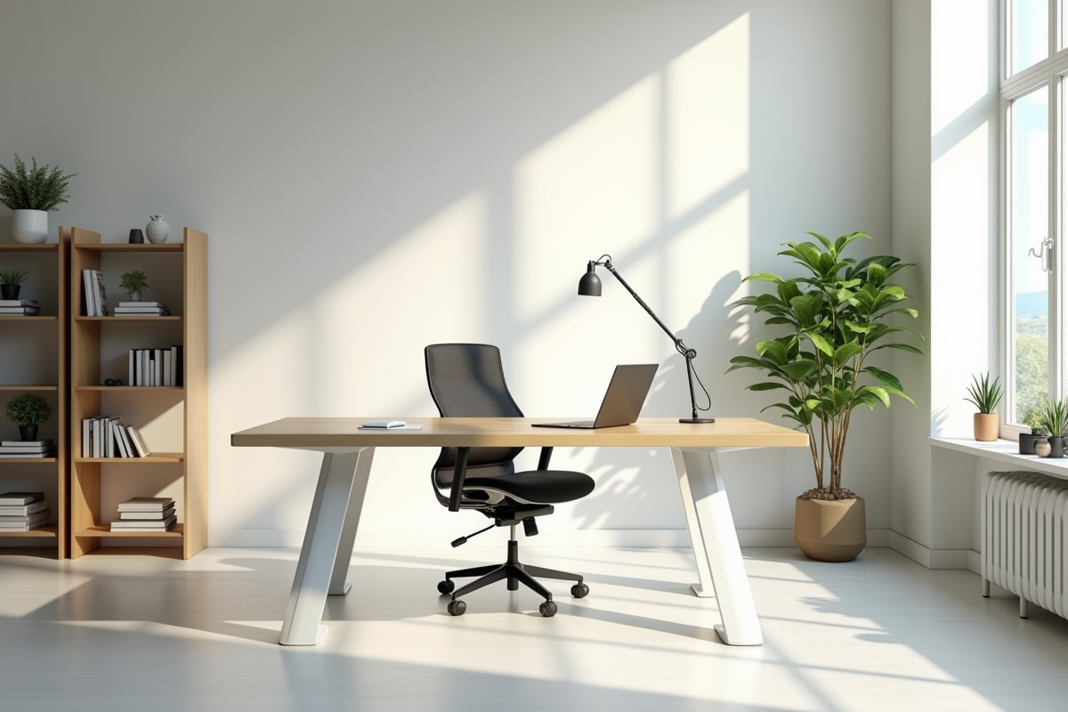 Espace de travail moderne avec chaise ergonomique et lumière